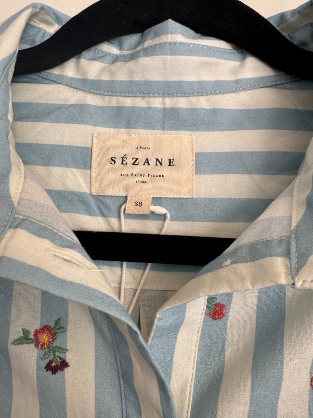 Sezane, Maxy Shirt, Flowers on Blue Stripes, Size 6 (38) - Picture 2 of 4